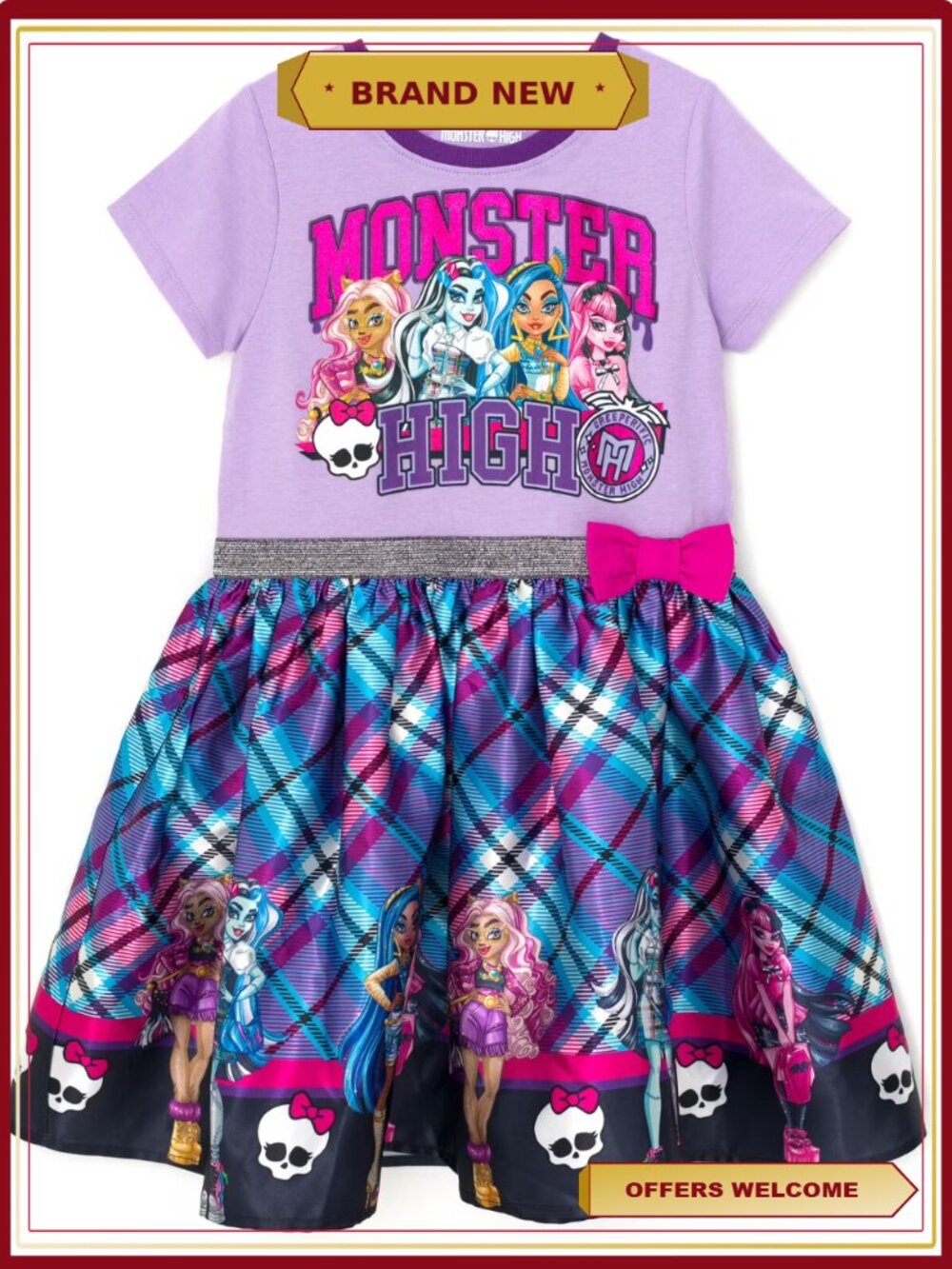 Monster High Plaid Dress Short Sleeve 3D Bow Glittery Artwork Girls